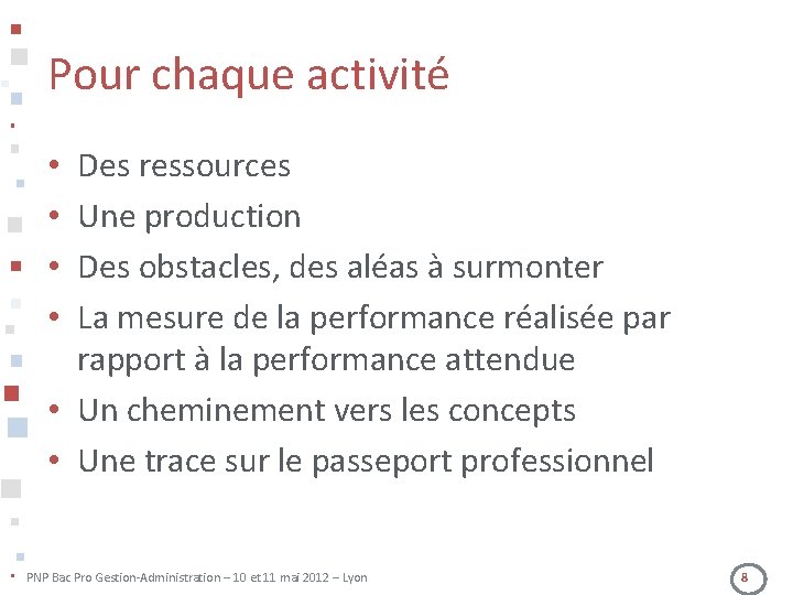 Pour chaque activité Des ressources Une production Des obstacles, des aléas à surmonter La