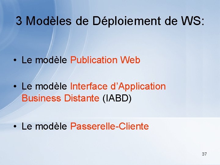 3 Modèles de Déploiement de WS: • Le modèle Publication Web • Le modèle