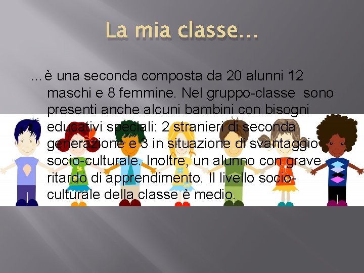 La mia classe… …è una seconda composta da 20 alunni 12 maschi e 8