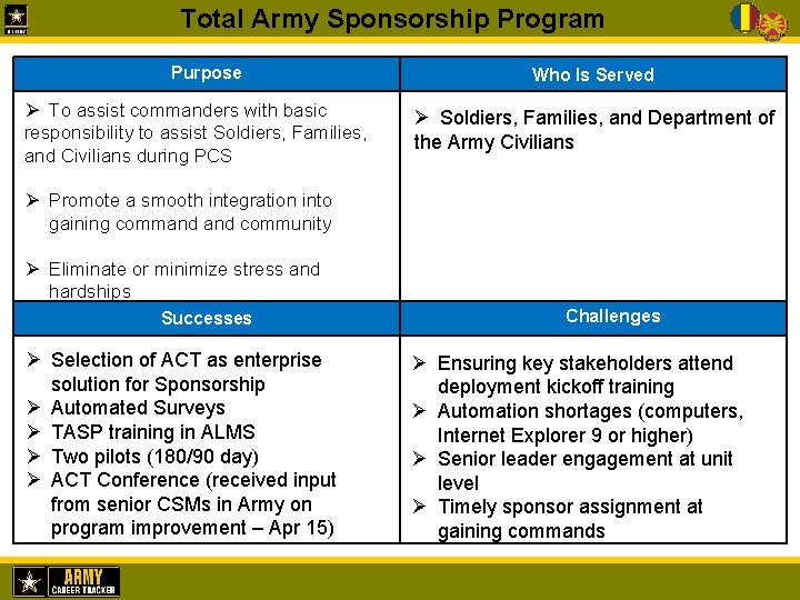 Total Army Sponsorship Program Purpose Ø To assist commanders with basic responsibility to assist