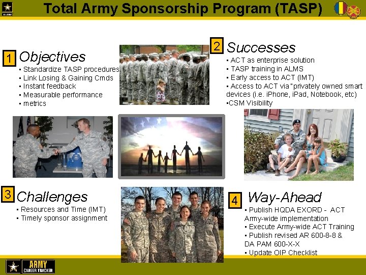 Total Army Sponsorship Program (TASP) 1 Objectives • Standardize TASP procedures • Link Losing