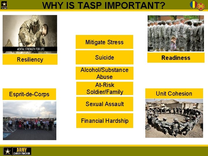 WHY IS TASP IMPORTANT? Mitigate Stress Resiliency Suicide Esprit-de-Corps Alcohol/Substance Abuse At-Risk Soldier/Family Readiness
