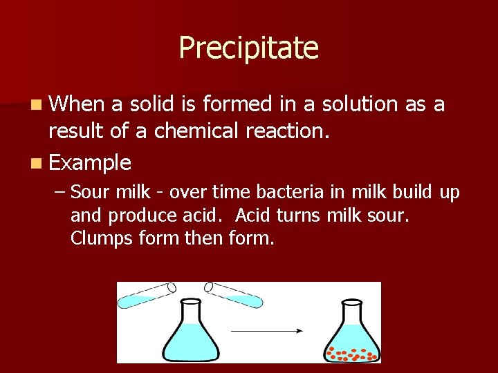 Precipitate n When a solid is formed in a solution as a result of
