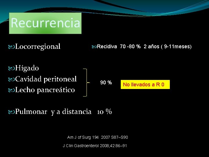 Recurrencia Locorregional Recidiva 70 -80 % 2 años ( 9 -11 meses) Hígado Cavidad