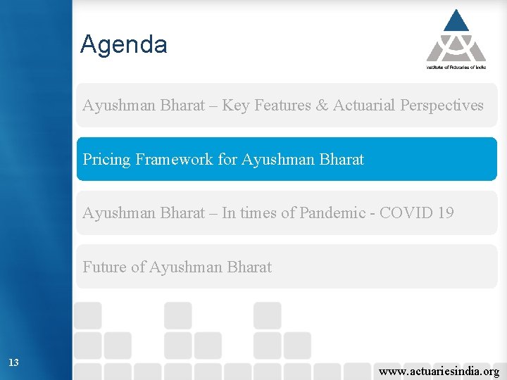 Agenda Ayushman Bharat – Key Features & Actuarial Perspectives Pricing Framework for Ayushman Bharat