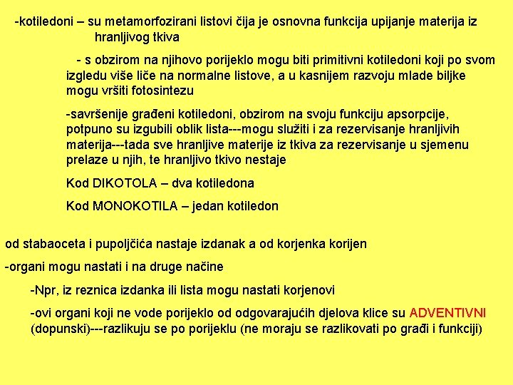 -kotiledoni – su metamorfozirani listovi čija je osnovna funkcija upijanje materija iz hranljivog tkiva