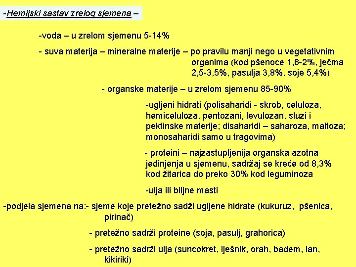 -Hemijski sastav zrelog sjemena – -voda – u zrelom sjemenu 5 -14% - suva