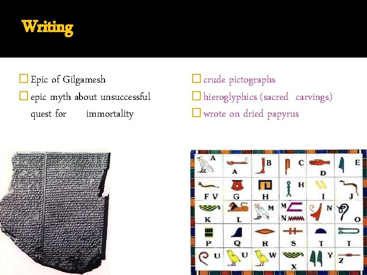 Writing � Epic of Gilgamesh � epic myth about unsuccessful quest for immortality �