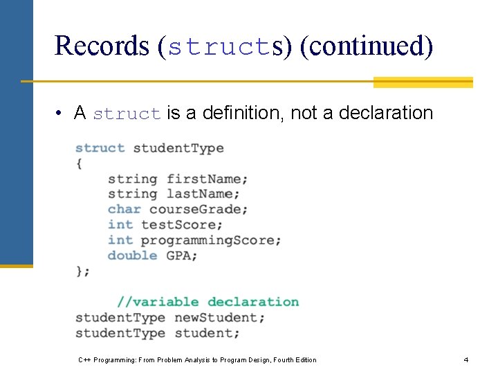 Records (structs) (continued) • A struct is a definition, not a declaration C++ Programming: