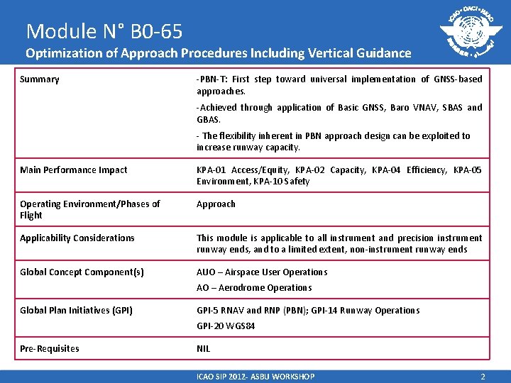 Module N° B 0 -65 Optimization of Approach Procedures Including Vertical Guidance Summary -PBN-T: