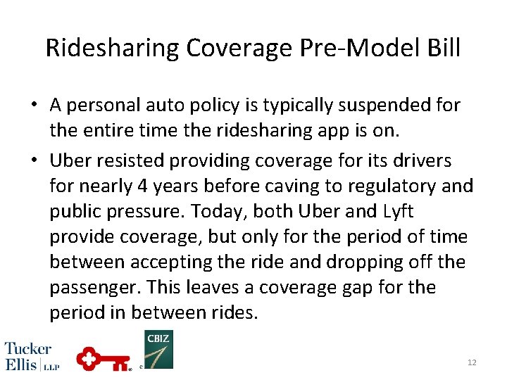 Ridesharing Coverage Pre-Model Bill • A personal auto policy is typically suspended for the