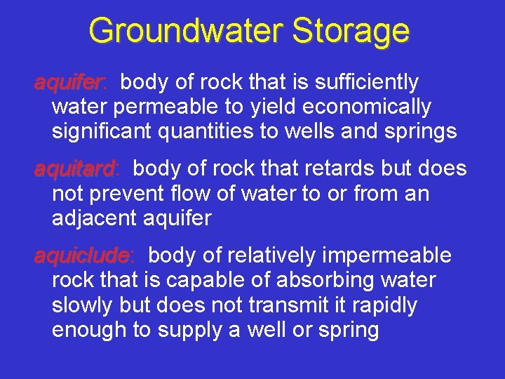 Groundwater Storage aquifer: aquifer body of rock that is sufficiently water permeable to yield