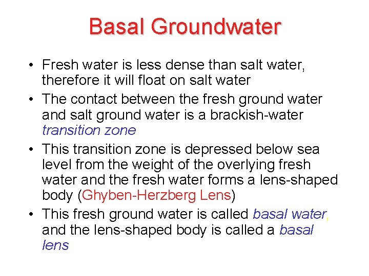 Basal Groundwater • Fresh water is less dense than salt water, therefore it will