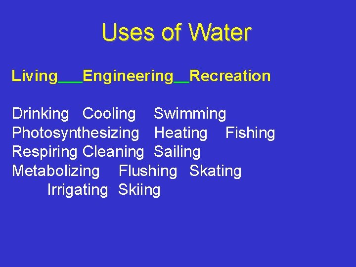 Uses of Water Living Engineering Recreation Drinking Cooling Swimming Photosynthesizing Heating Fishing Respiring Cleaning