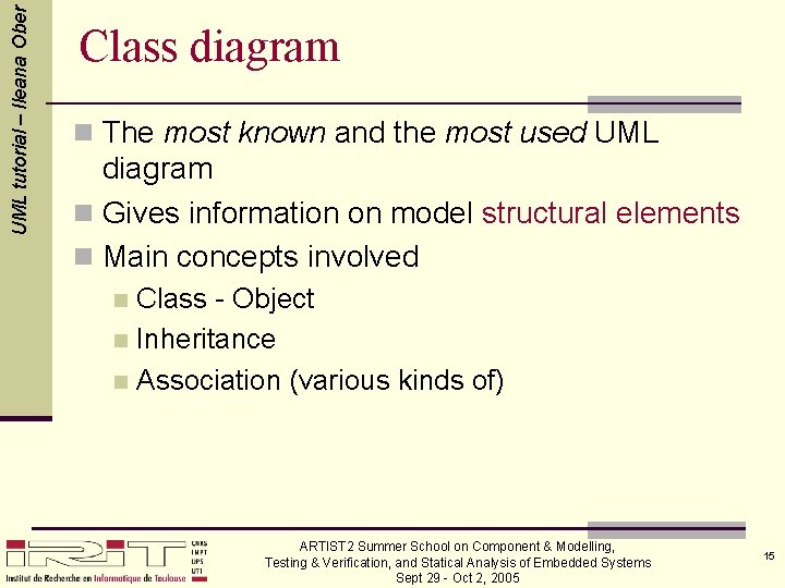UML tutorial – Ileana Ober Class diagram n The most known and the most