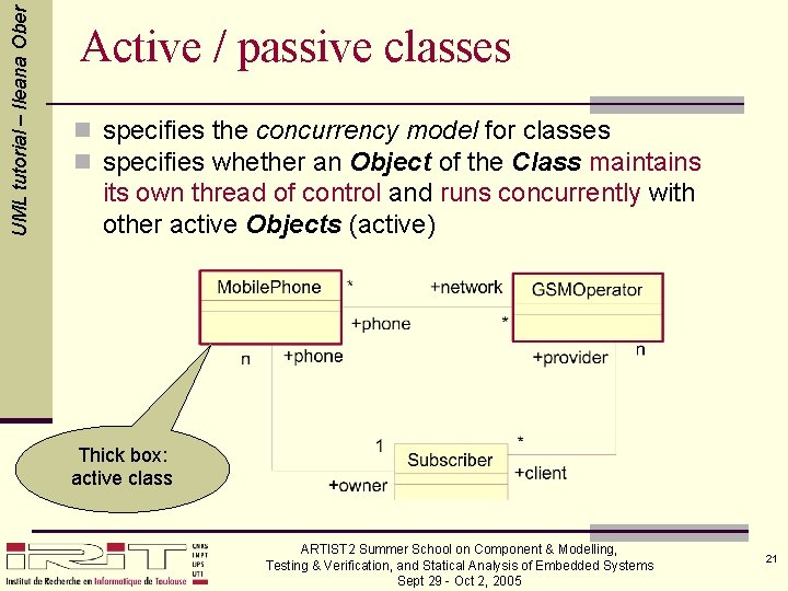 UML tutorial – Ileana Ober Active / passive classes n specifies the concurrency model