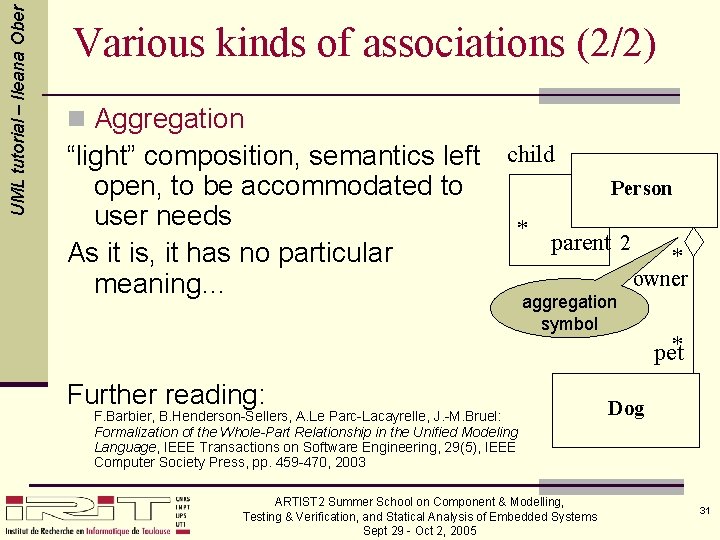 UML tutorial – Ileana Ober Various kinds of associations (2/2) n Aggregation “light” composition,