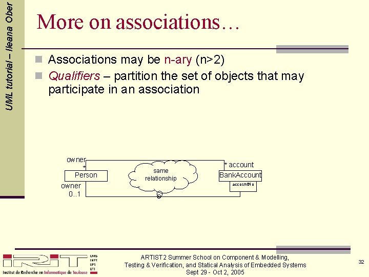 UML tutorial – Ileana Ober More on associations… n Associations may be n-ary (n>2)