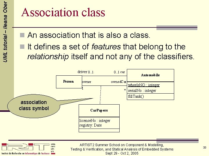 UML tutorial – Ileana Ober Association class n An association that is also a