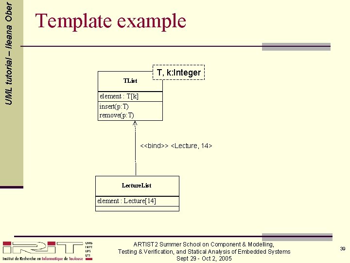 UML tutorial – Ileana Ober Template example T, k: Integer TList element : T[k]