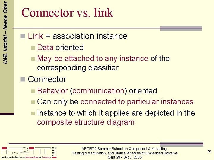 UML tutorial – Ileana Ober Connector vs. link n Link = association instance n