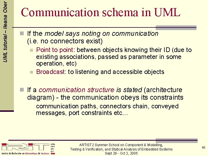 UML tutorial – Ileana Ober Communication schema in UML n If the model says
