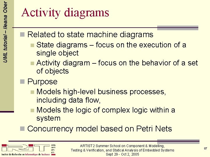 UML tutorial – Ileana Ober Activity diagrams n Related to state machine diagrams n