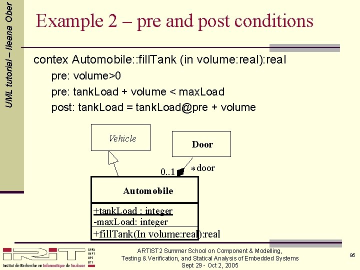 UML tutorial – Ileana Ober Example 2 – pre and post conditions contex Automobile: