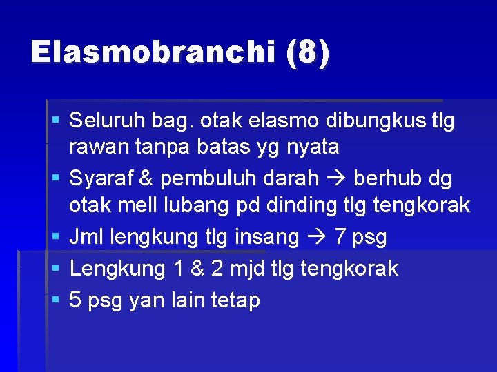 Elasmobranchi (8) § Seluruh bag. otak elasmo dibungkus tlg rawan tanpa batas yg nyata