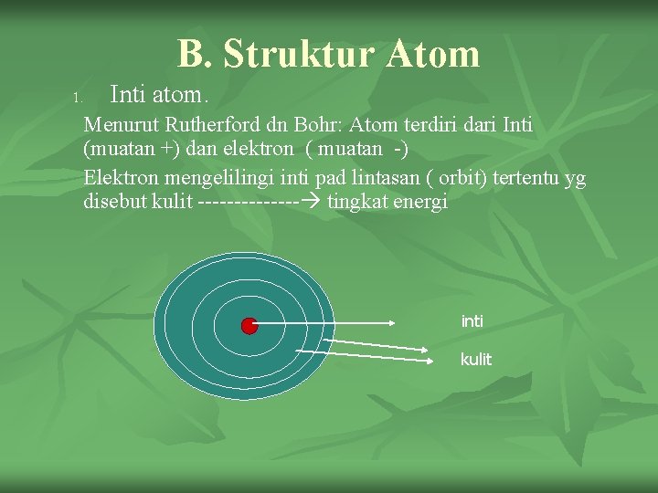 B. Struktur Atom 1. Inti atom. Menurut Rutherford dn Bohr: Atom terdiri dari Inti