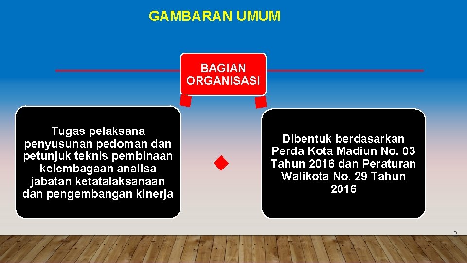 GAMBARAN UMUM BAGIAN ORGANISASI Tugas pelaksana penyusunan pedoman dan petunjuk teknis pembinaan kelembagaan analisa