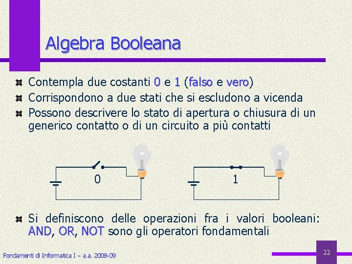 Algebra Booleana Contempla due costanti 0 e 1 (falso e vero) vero Corrispondono a