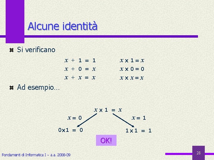 Alcune identità Si verificano x 1 x x 0 0 x x + 1