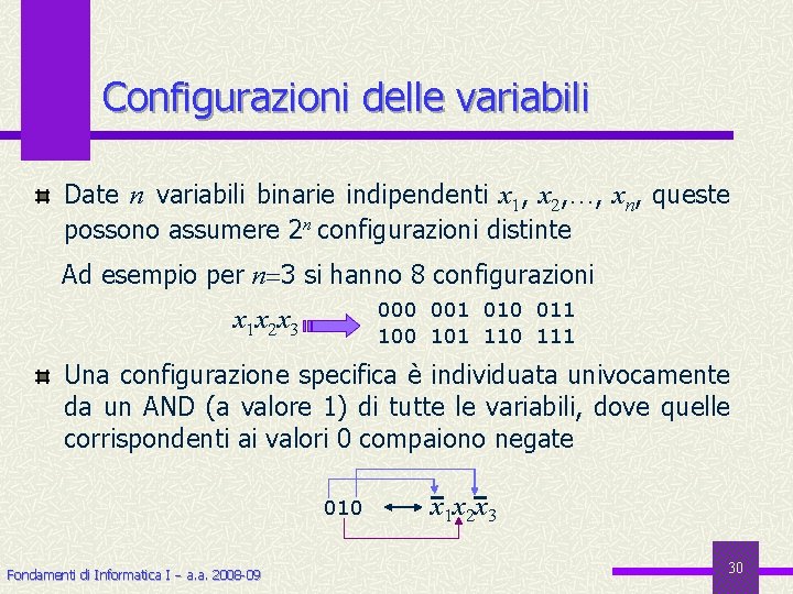 Configurazioni delle variabili Date n variabili binarie indipendenti x 1, x 2, …, xn,