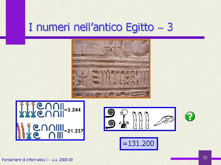 I numeri nell’antico Egitto 3 =131. 200 Fondamenti di Informatica I a. a. 2008