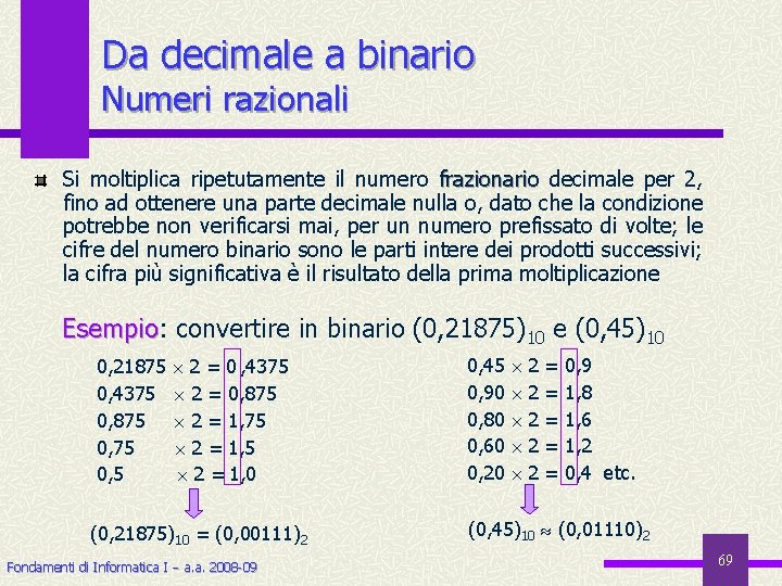 Da decimale a binario Numeri razionali Si moltiplica ripetutamente il numero frazionario decimale per