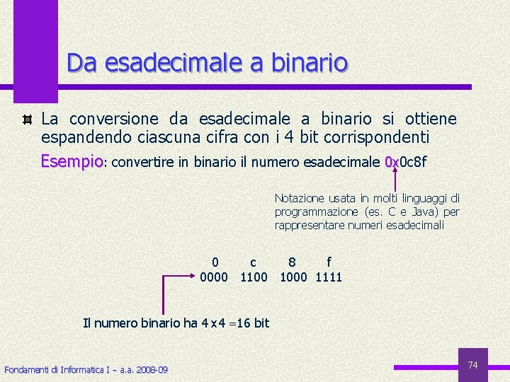 Da esadecimale a binario La conversione da esadecimale a binario si ottiene espandendo ciascuna