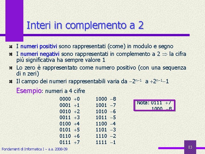 Interi in complemento a 2 I numeri positivi sono rappresentati (come) in modulo e