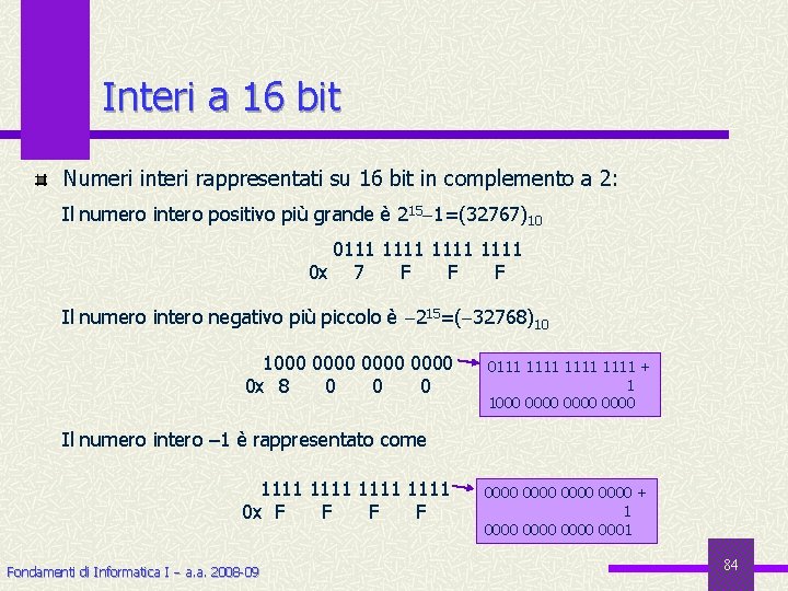 Interi a 16 bit Numeri interi rappresentati su 16 bit in complemento a 2: