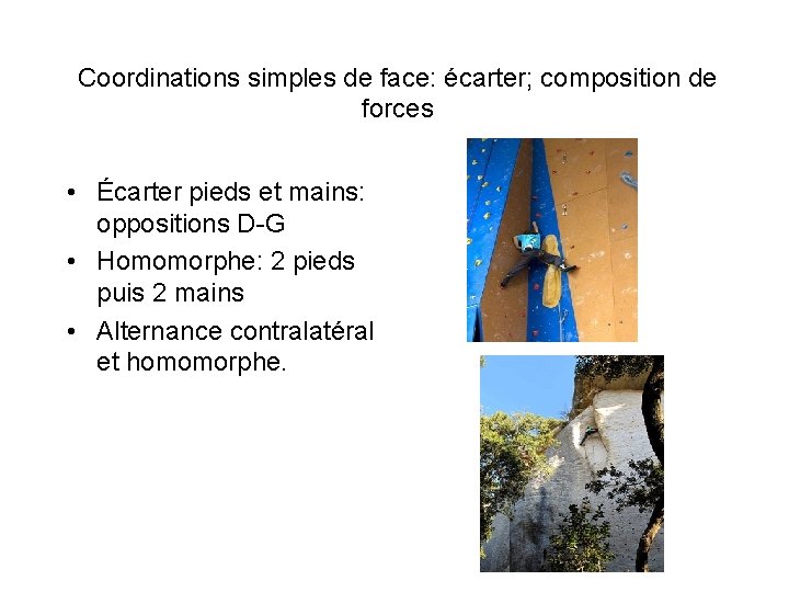Coordinations simples de face: écarter; composition de forces • Écarter pieds et mains: oppositions