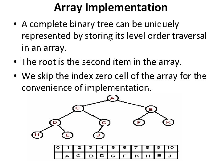 Array Implementation • A complete binary tree can be uniquely represented by storing its
