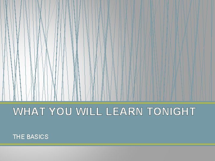 WHAT YOU WILL LEARN TONIGHT THE BASICS 