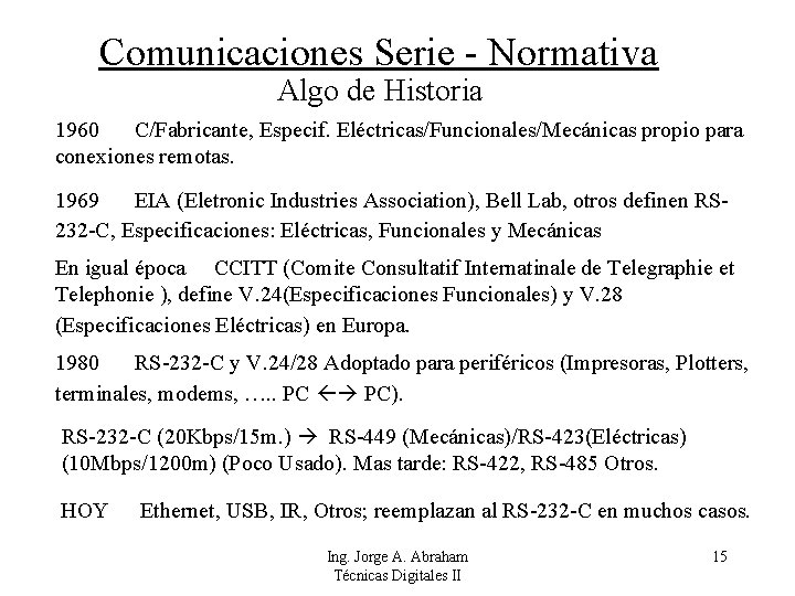 Comunicaciones Serie - Normativa Algo de Historia 1960 C/Fabricante, Especif. Eléctricas/Funcionales/Mecánicas propio para conexiones
