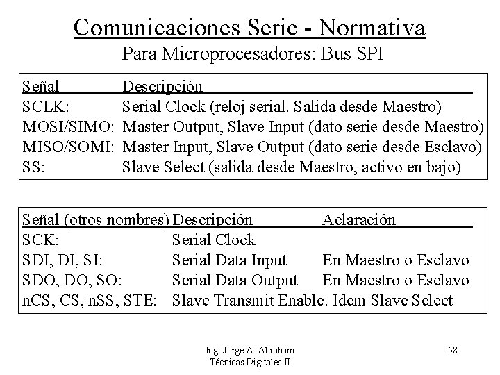 Comunicaciones Serie - Normativa Para Microprocesadores: Bus SPI Señal SCLK: MOSI/SIMO: MISO/SOMI: SS: Descripción
