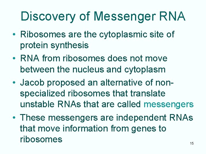 Discovery of Messenger RNA • Ribosomes are the cytoplasmic site of protein synthesis •