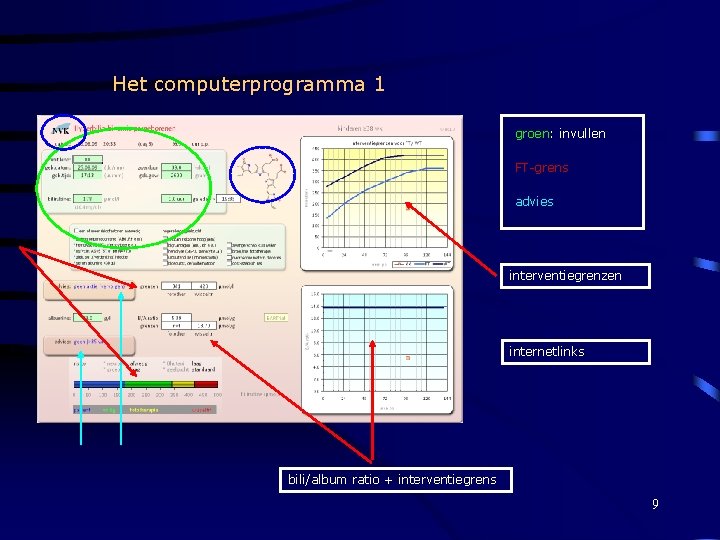 Het computerprogramma 1 groen: invullen FT-grens advies interventiegrenzen internetlinks bili/album ratio + interventiegrens 9