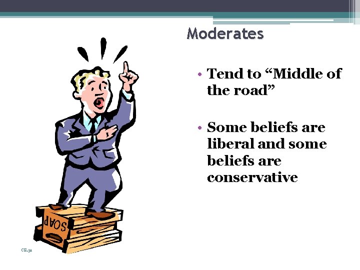 Moderates • Tend to “Middle of the road” • Some beliefs are liberal and