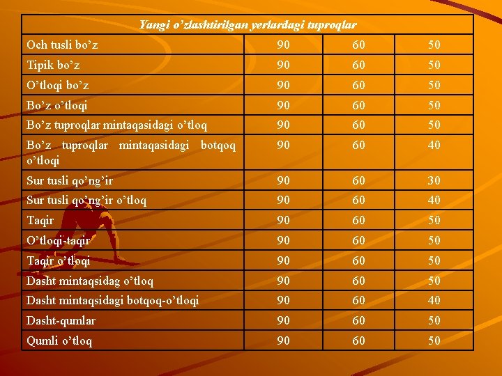 Yangi o’zlashtirilgan yerlardagi tuproqlar Och tusli bo’z 90 60 50 Tipik bo’z 90 60