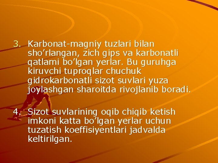 3. Karbonat-magniy tuzlari bilan sho’rlangan, zich gips va karbonatli qatlami bo’lgan yerlar. Bu guruhga