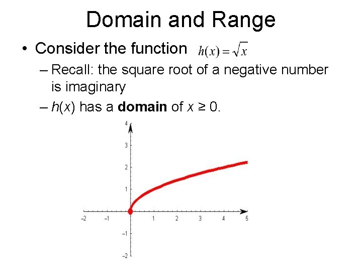 Domain and Range • Consider the function – Recall: the square root of a